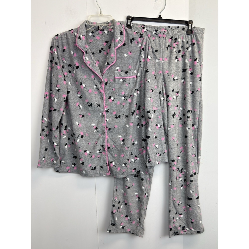 Kensie Gray w/ Pink Floral Velour 2 Pc Long Sleeve Button Up Pajama Set‎ Size M